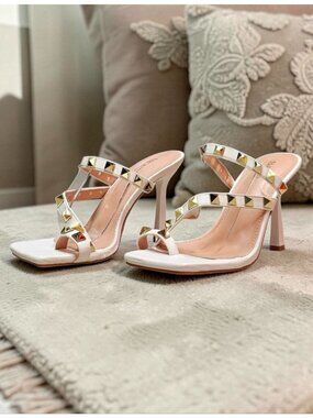 Studded High Heel Sandals With Strappy Design Open Toe & Gold-Tone Accents Ideal